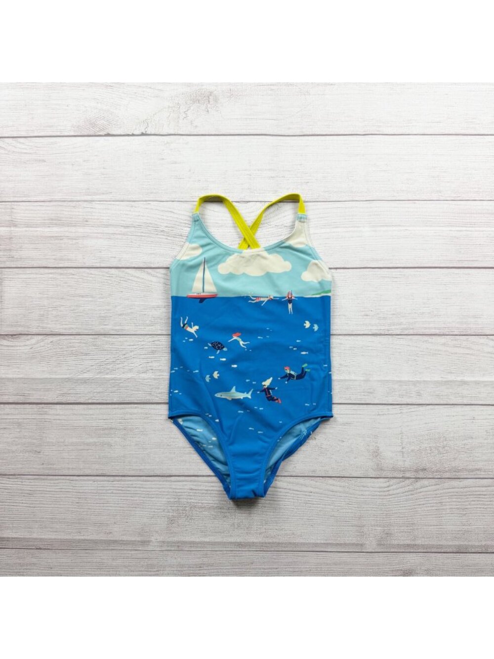 Mini Boden Girls Swimsuit Ocean Print UV Protection Crossback 6-7